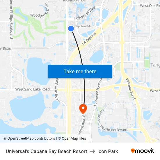 Universal's Cabana Bay Beach Resort to Icon Park map