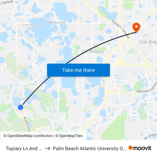 Topiary Ln And World Dr to Palm Beach Atlantic University Orlando Campus map