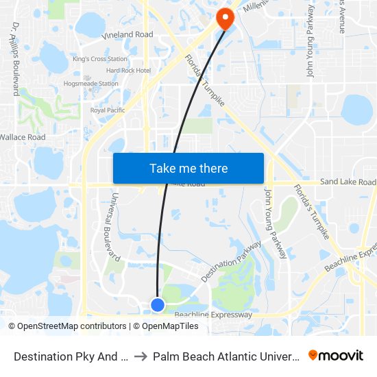 Destination Pky And Tradeshow Blvd to Palm Beach Atlantic University Orlando Campus map