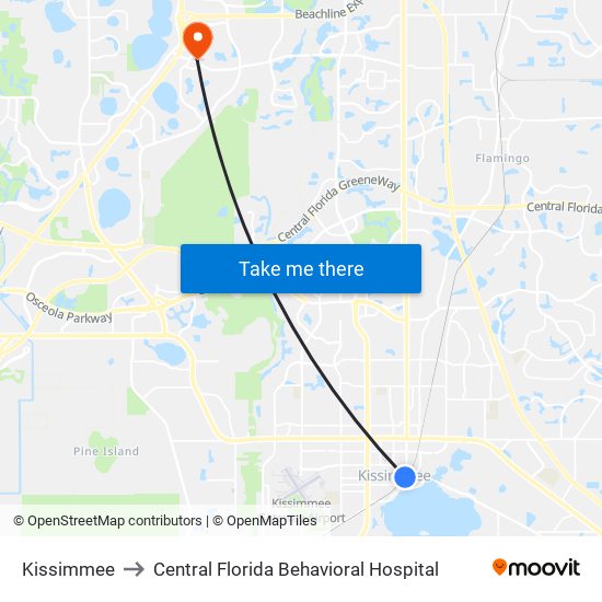 Kissimmee to Central Florida Behavioral Hospital map