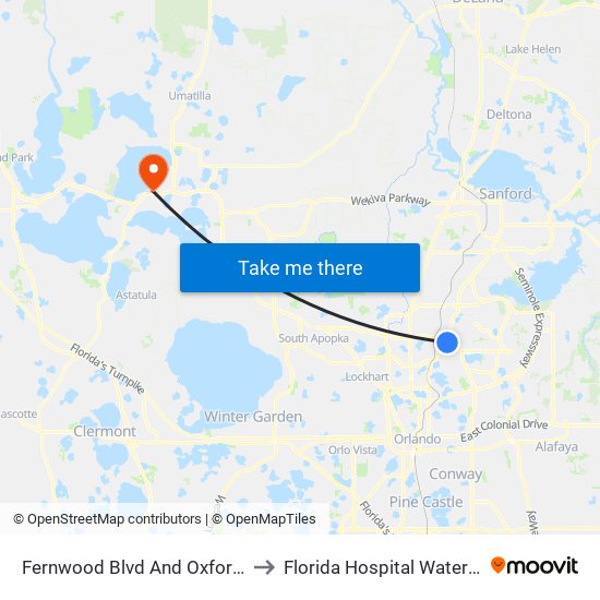 Fernwood Blvd And Oxford Rd to Florida Hospital Waterman map
