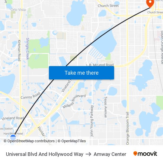 Universal Blvd And Hollywood Way to Amway Center map