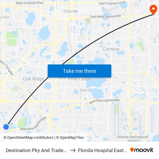 Destination Pky And Tradeshow Blvd to Florida Hospital East Orlando map