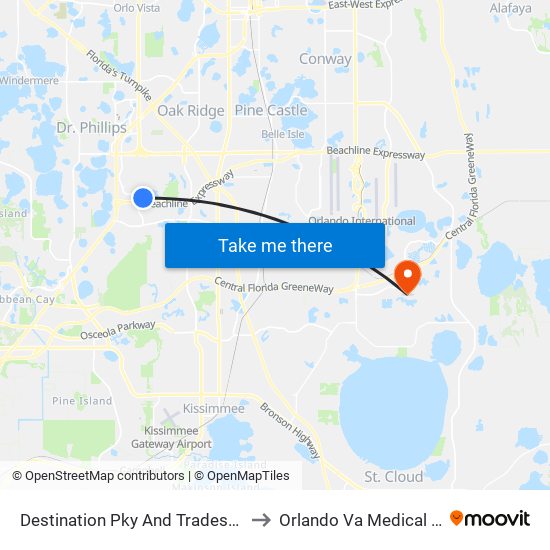Destination Pky And Tradeshow Blvd to Orlando Va Medical Center map