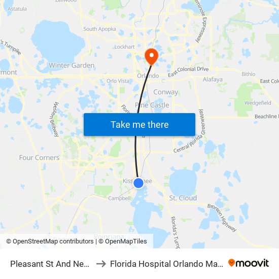 Pleasant  St And Neptune  Rd to Florida Hospital Orlando Main Entrance map