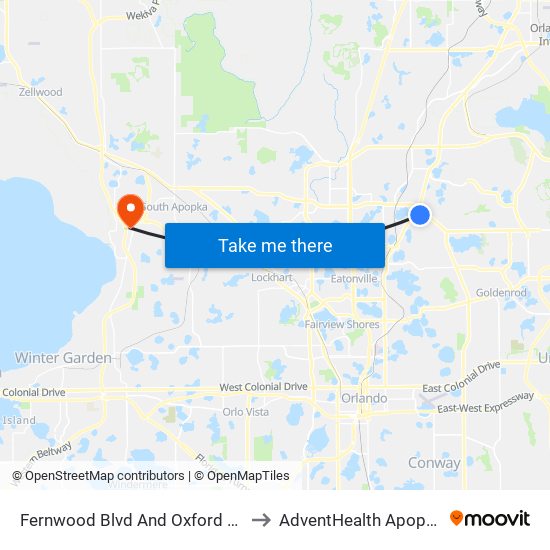 Fernwood Blvd And Oxford Rd to AdventHealth Apopka map