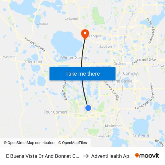 E Buena Vista Dr And Bonnet Creek Pky to AdventHealth Apopka map