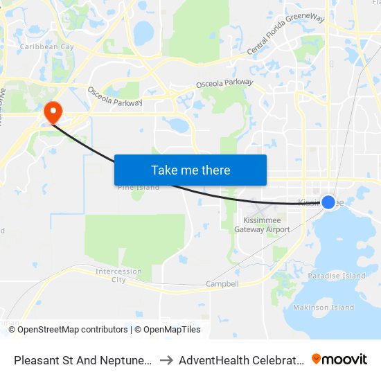 Pleasant  St And Neptune  Rd to AdventHealth Celebration map