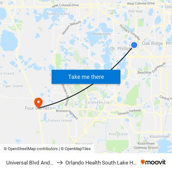 Universal Blvd And Hollywood Way to Orlando Health South Lake Hospital Er- Four Corners map