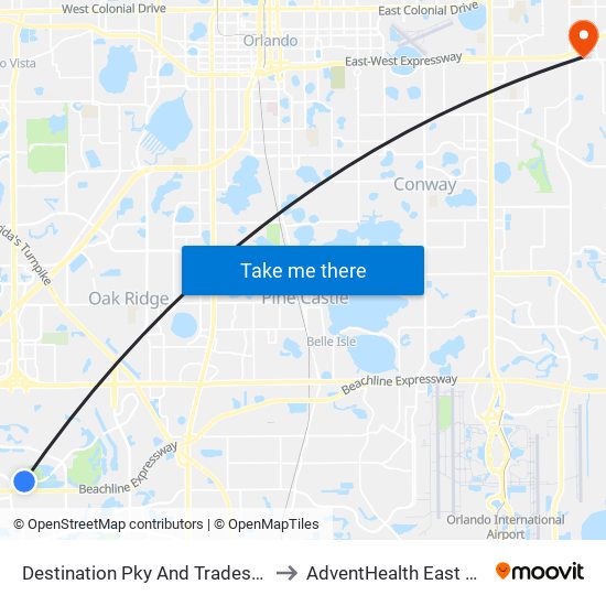 Destination Pky And Tradeshow Blvd to AdventHealth East Orlando map