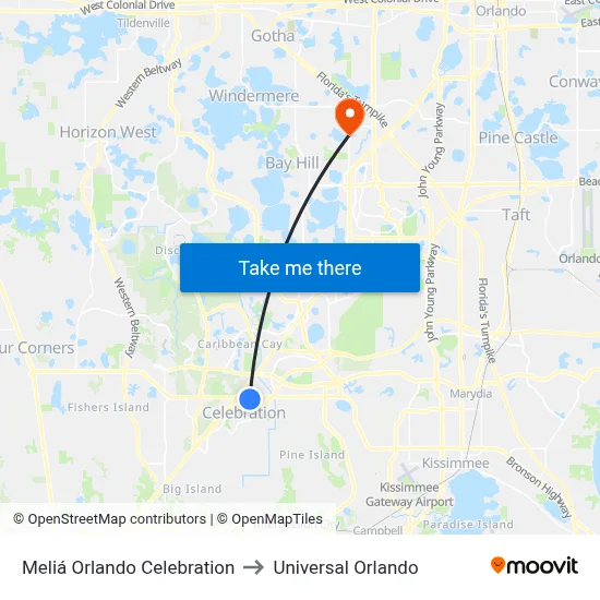 Meliá Orlando Celebration to Universal Orlando map