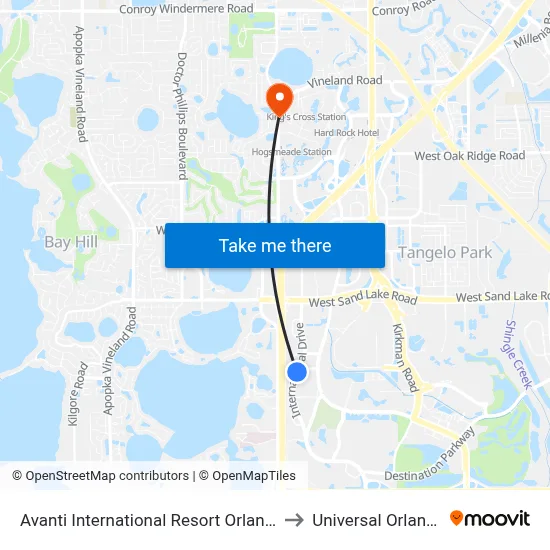 Avanti International Resort Orlando to Universal Orlando map