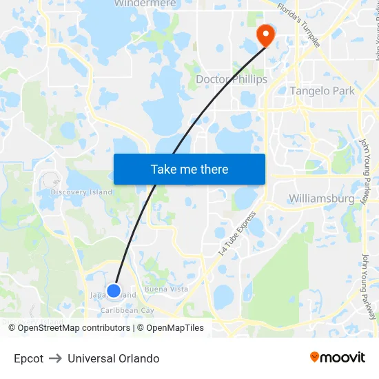 Epcot to Universal Orlando map