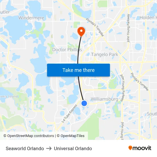 Seaworld Orlando to Universal Orlando map