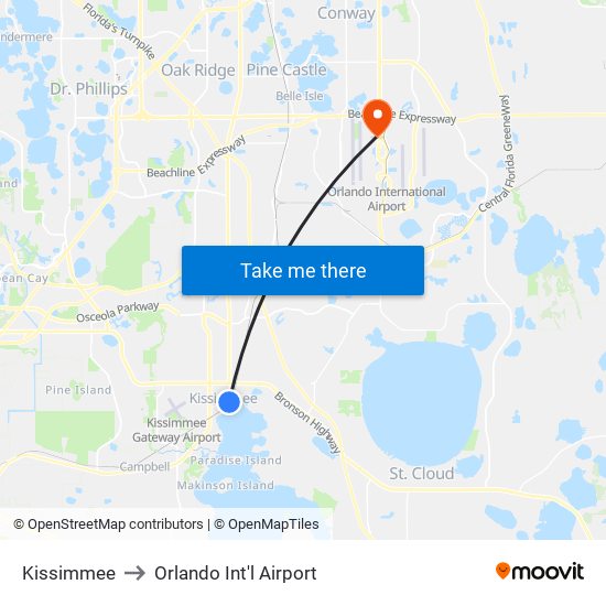 Kissimmee to Orlando Int'l Airport map