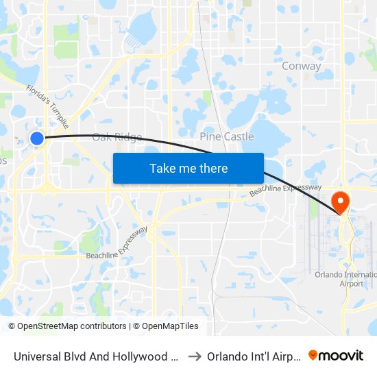 Universal Blvd And Hollywood Way to Orlando Int'l Airport map