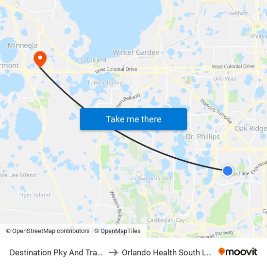 Destination Pky And Tradeshow Blvd to Orlando Health South Lake Hospital map