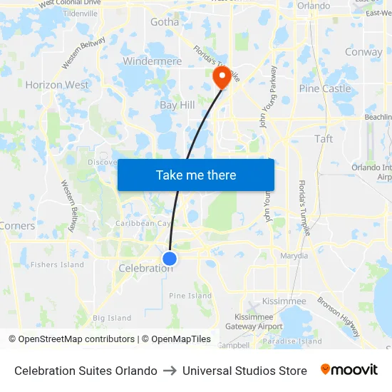 Celebration Suites Orlando to Universal Studios Store map
