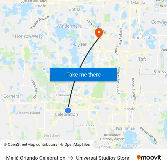 Meliá Orlando Celebration to Universal Studios Store map