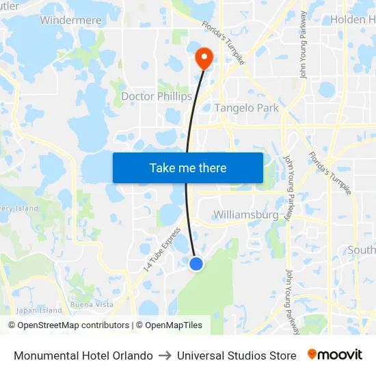 Monumental Hotel Orlando to Universal Studios Store map
