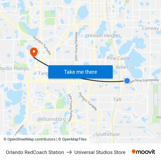 Orlando RedCoach Station to Universal Studios Store map