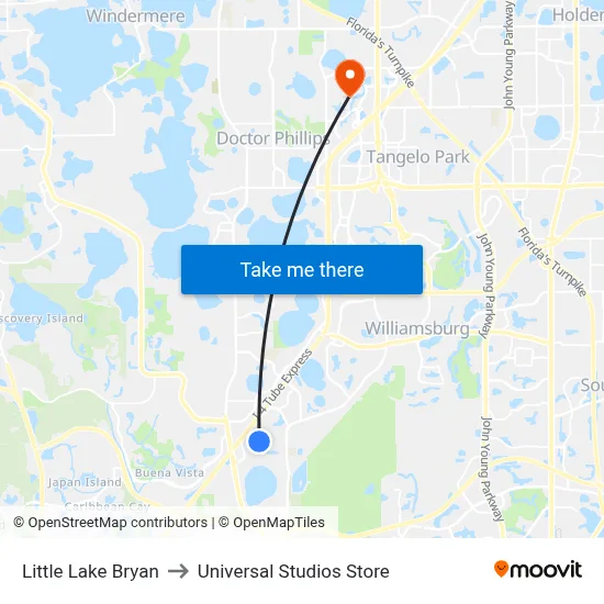 Little Lake Bryan to Universal Studios Store map