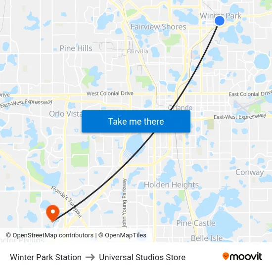 Winter Park Station to Universal Studios Store map