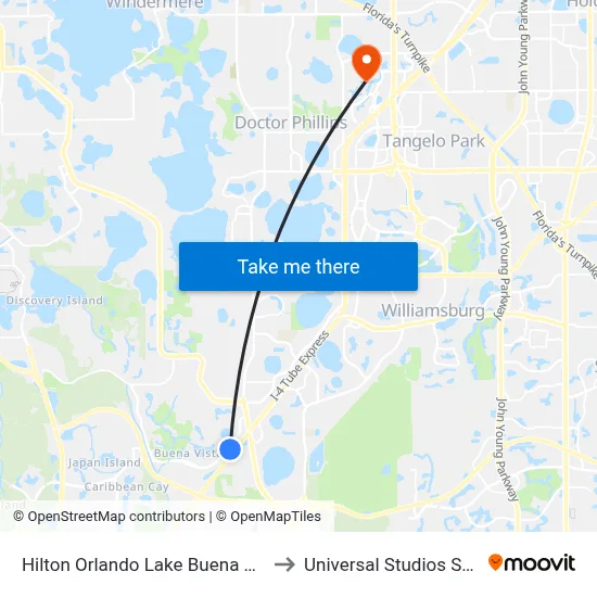 Hilton Orlando Lake Buena Vista to Universal Studios Store map