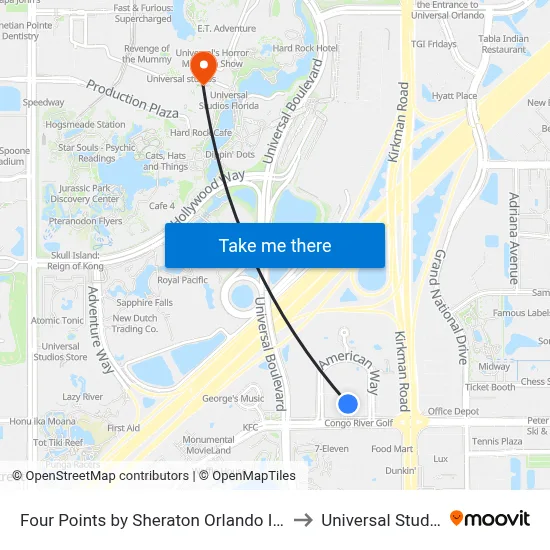 Four Points by Sheraton Orlando International Drive to Universal Studios Store map