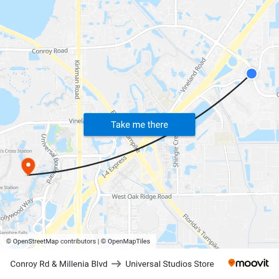 Conroy Rd & Millenia Blvd to Universal Studios Store map
