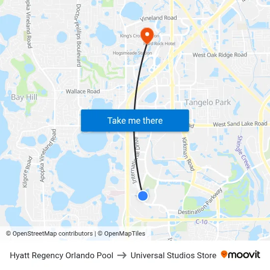 Hyatt Regency Orlando Pool to Universal Studios Store map