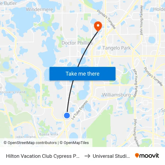 Hilton Vacation Club Cypress Pointe Orlando to Universal Studios Store map