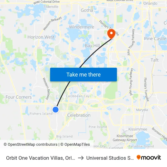 Orbit One Vacation Villas, Orlando to Universal Studios Store map
