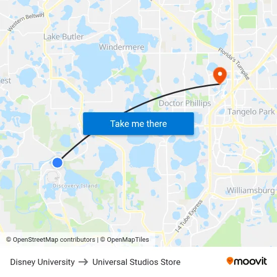 Disney University to Universal Studios Store map