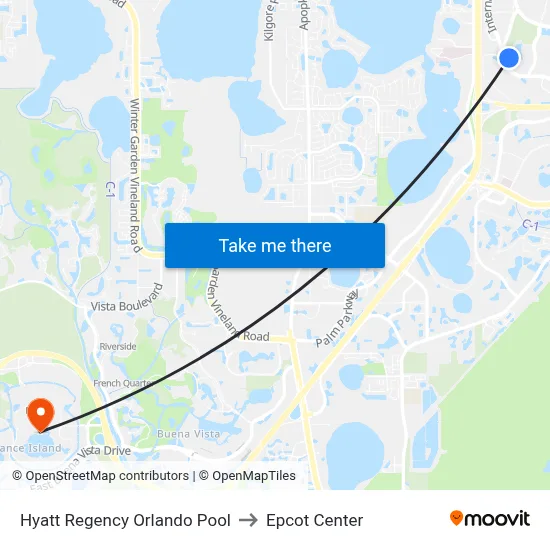 Hyatt Regency Orlando Pool to Epcot Center map