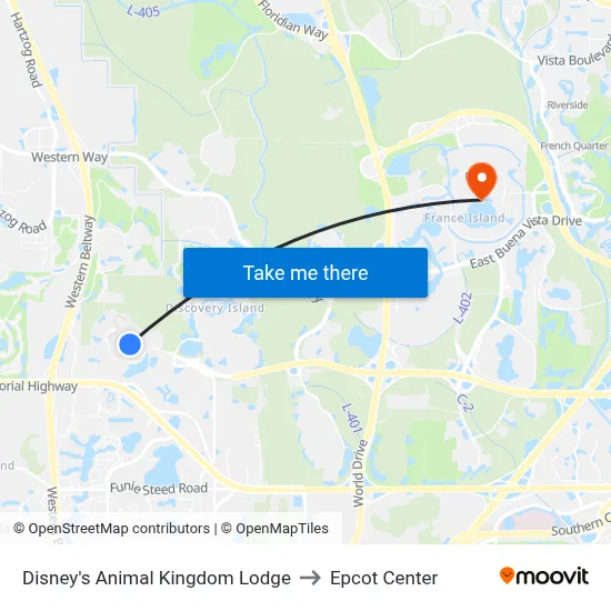 Disney's Animal Kingdom Lodge to Epcot Center map