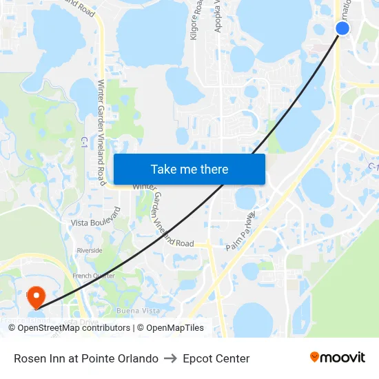 Rosen Inn at Pointe Orlando to Epcot Center map