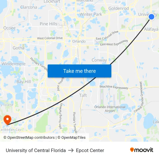 University of Central Florida to Epcot Center map