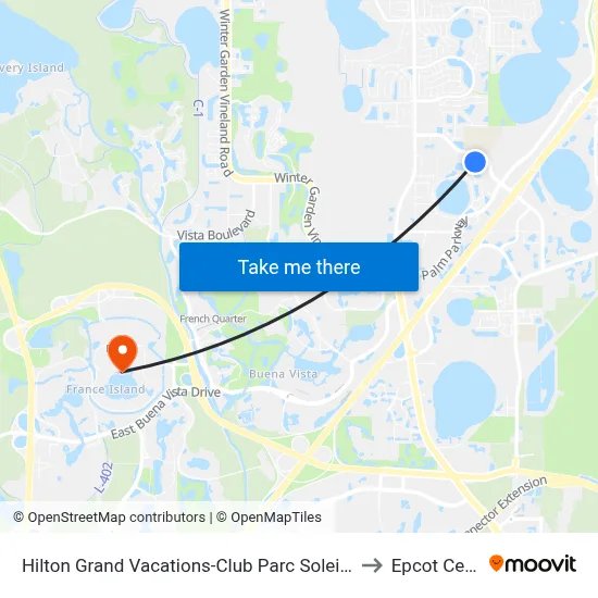 Hilton Grand Vacations-Club Parc Soleil Orlando to Epcot Center map