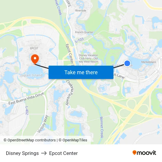 Disney Springs to Epcot Center map