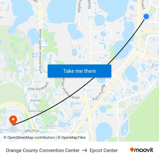 Orange County Convention Center to Epcot Center map