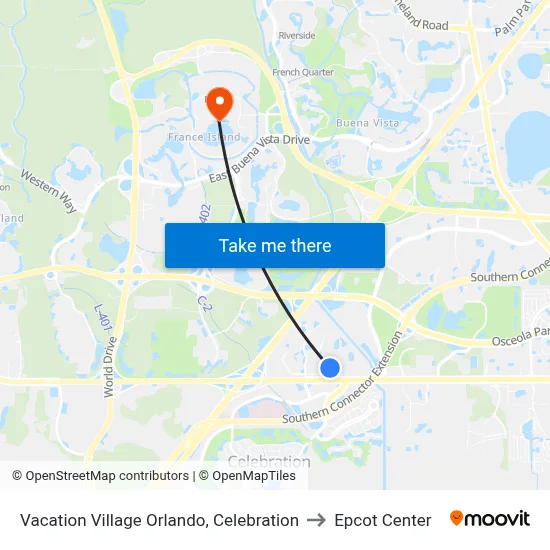 Vacation Village Orlando, Celebration to Epcot Center map