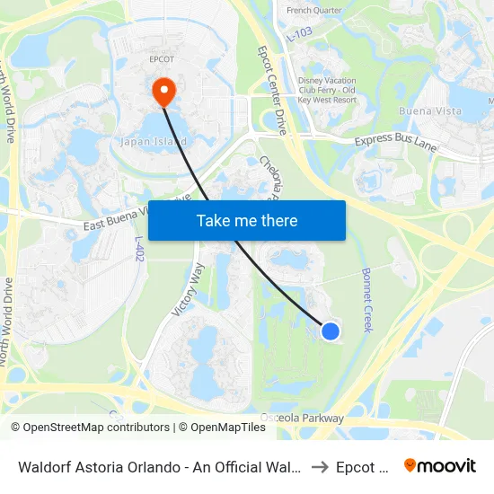 Waldorf Astoria Orlando - An Official Walt Disney World Hotel to Epcot Center map
