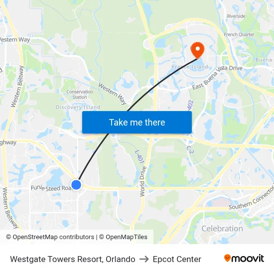 Westgate Towers Resort, Orlando to Epcot Center map
