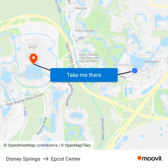 Disney Springs to Epcot Center map