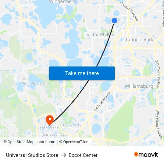 Universal Studios Store to Epcot Center map