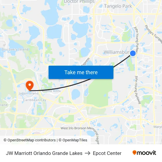 JW Marriott Orlando Grande Lakes to Epcot Center map