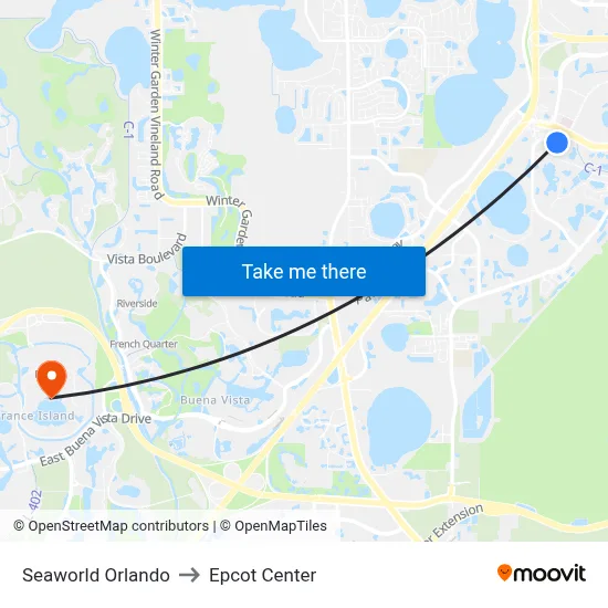 Seaworld Orlando to Epcot Center map