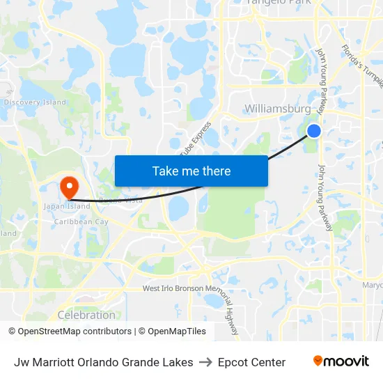 Jw Marriott Orlando Grande Lakes to Epcot Center map