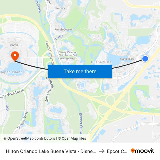 Hilton Orlando Lake Buena Vista - Disney Springs Area to Epcot Center map